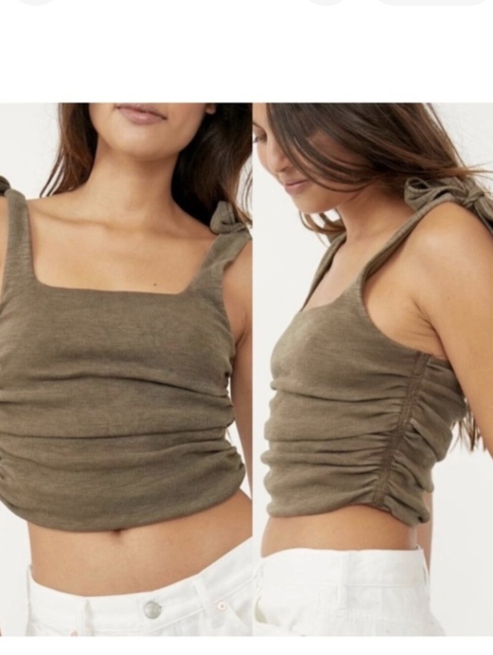 Free People Olive Tie-Shoulder Ruched Crop Tank